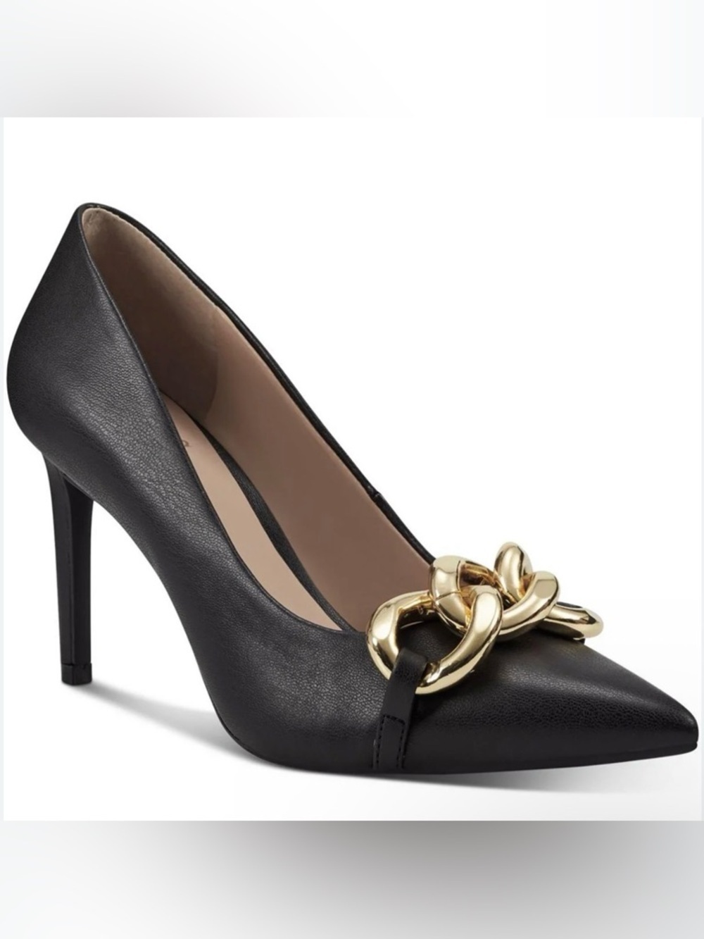INC International Concepts Black Pointed Toe Heels w/Bold Gold Chain, Like New